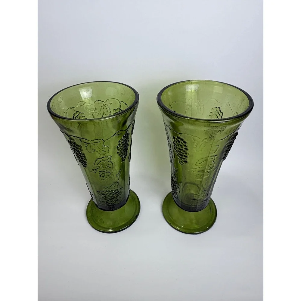 Vintage Indiana Glass Green Grape Harvest Pressed Glass Trumpet Vases Set of 2